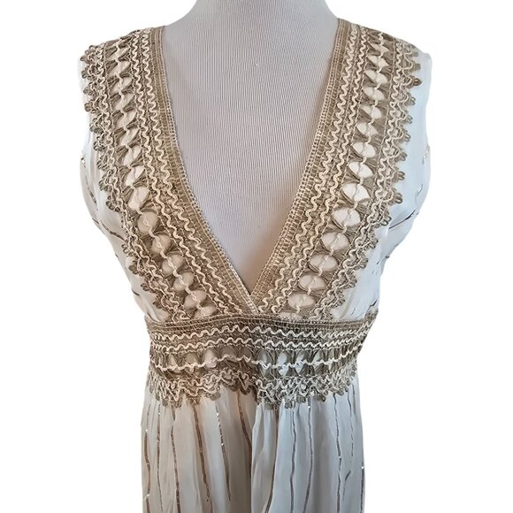 Boho Cream Maxi Dress Gold Accents & Jute Crochet Details By Ashley Taylor OS - Picture 2 of 15